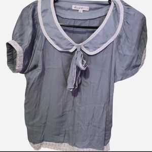 Grey Green Tie-Front Lace-Trim Blouse